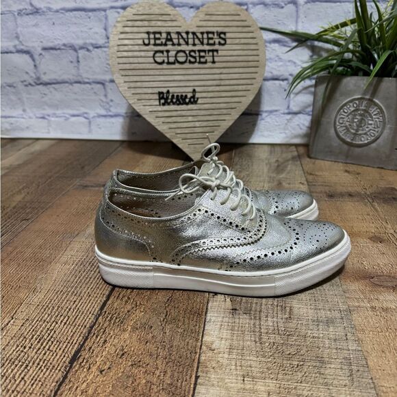 Shellys London Platform lace up Shoes Metallic Silver Sneaker Made in Spain - Picture 7 of 12